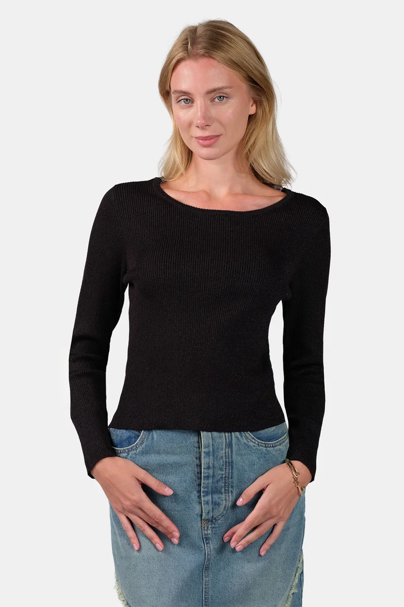 فيرجيو Self Design Viscose Shimmer Knit Top With Black Tie-Up for Women