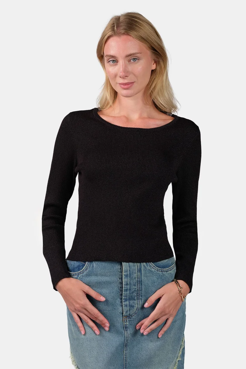 Virgio Self Design Viscose Shimmer Knit Top With Black Tie-Up for Women