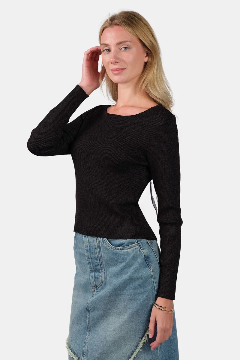 فيرجيو Self Design Viscose Shimmer Knit Top With Black Tie-Up for Women