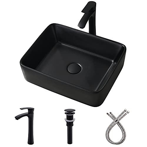 Bokaiya Black Vessel Sink with Faucet and Drain Combo -Bokaiya 19x15 Inch Vessel Bathroom Sink Rectangular Above Counter Matte Black Porcelain Ceramic Bathroom Vanity Sink Art Basin - Image 1