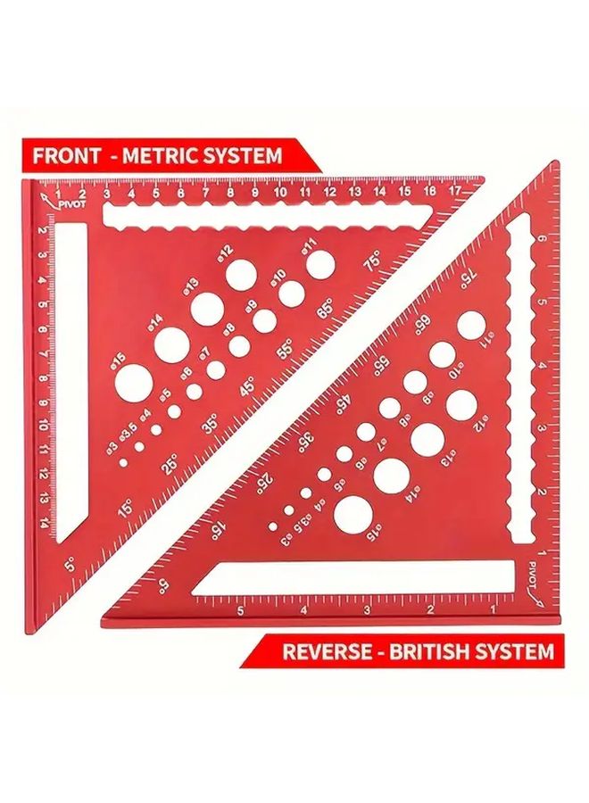 7 Inch Red Aluminum Alloy Triangle Ruler Multi Functional Woodworking Tool Dual Scale - Image 1