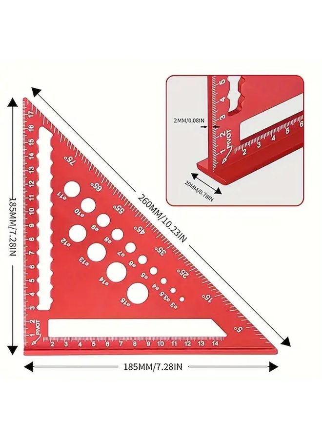 7 Inch Red Aluminum Alloy Triangle Ruler Multi Functional Woodworking Tool Dual Scale - Image 3