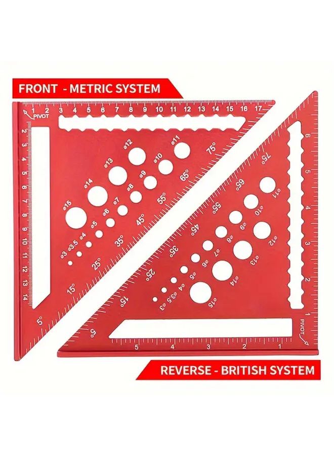 7 Inch Red Aluminum Alloy Triangle Ruler Multi Functional Woodworking Tool Dual Scale - Image 4