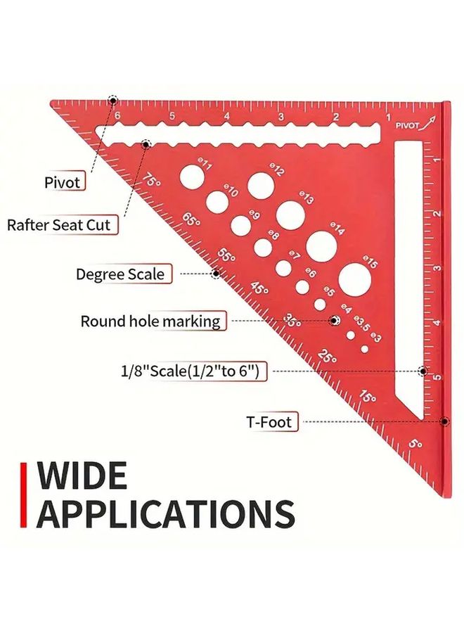 7 Inch Red Aluminum Alloy Triangle Ruler Multi Functional Woodworking Tool Dual Scale - Image 5