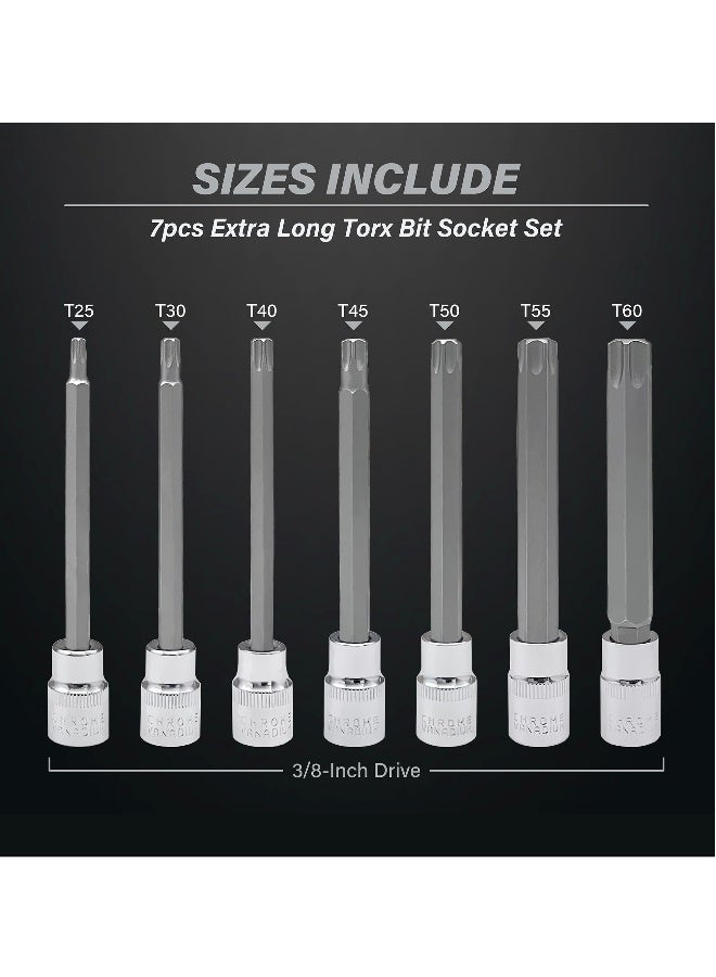 Extra Long Torx Star Bit Socket Set, 7 Piece, T25 to T60, 3/8 Inch Drive, Premium Cr V Steel, Includes Portable Storage Case  - Image 2