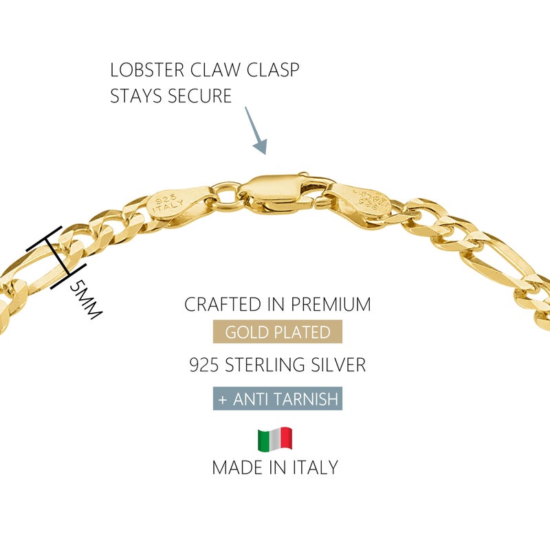 KISPER Mens Gold Bracelet 18K Gold Plated 925 Sterling Silver - 5mm Figaro Link Bracelets for Men - Sizes 8 inches - Image 3