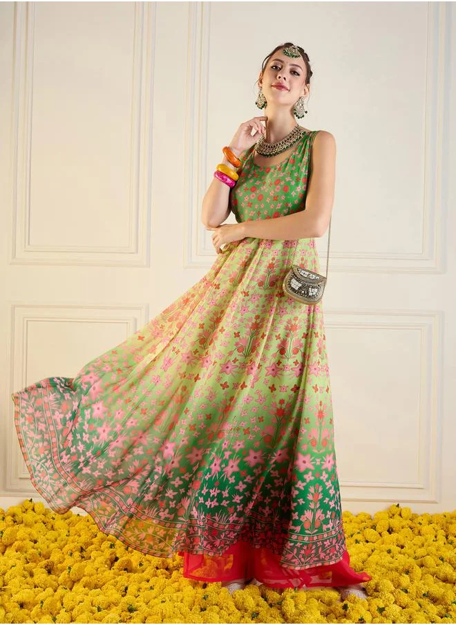 SASSAFRAS Floral Print Sleeveless Anarkali Kurta