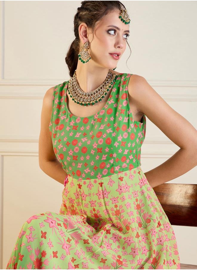 ساسافراس كورتا أناركالي بلا أكمام مع طبعة زهور  - Image 4
