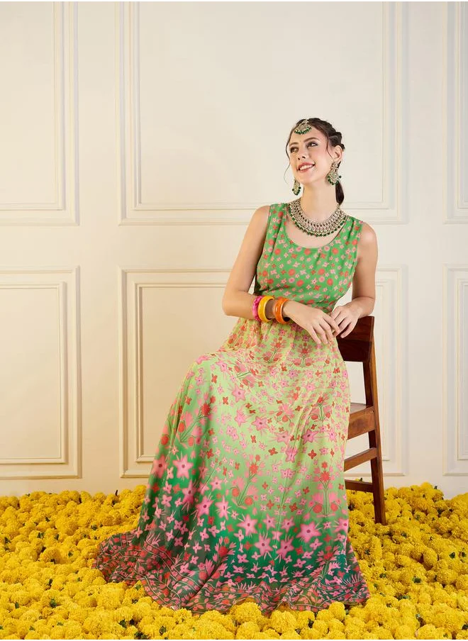 SASSAFRAS Floral Print Sleeveless Anarkali Kurta