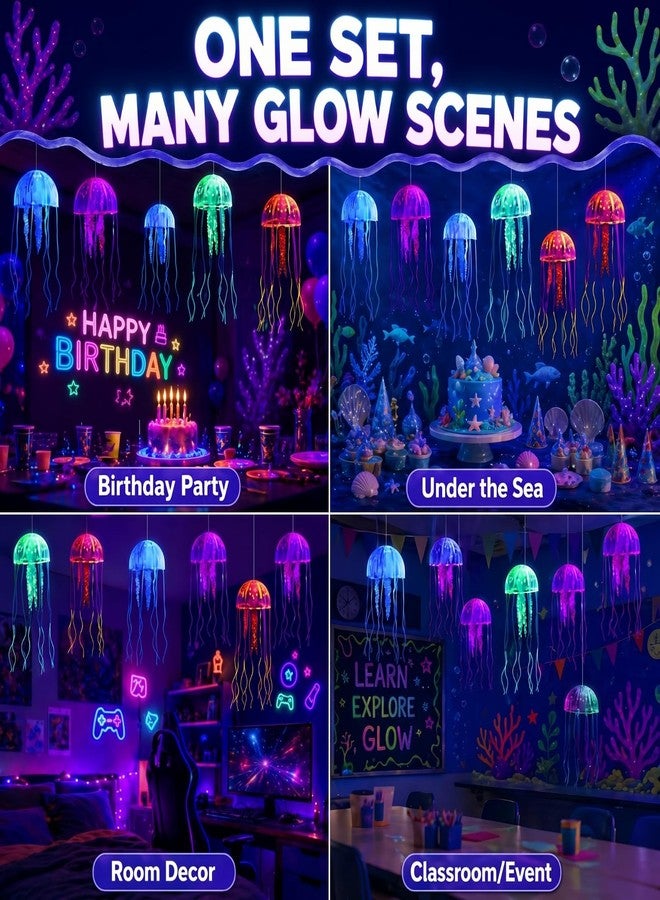Blueweenly 8 Pcs Glow Ocean Party Ceiling Decorations Neon Hanging Jellyfish Glow in The Dark Under The Sea Fluorescence Silicone Jellyfish with Fishing Line for Ocean Mermaid Birthday Party - Image 2