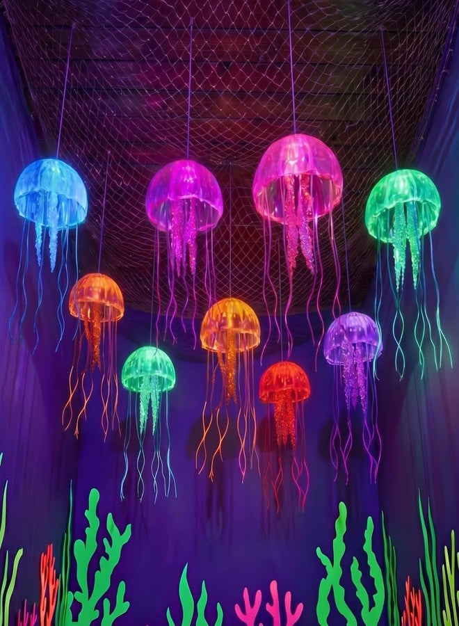 Blueweenly 8 Pcs Glow Ocean Party Ceiling Decorations Neon Hanging Jellyfish Glow in The Dark Under The Sea Fluorescence Silicone Jellyfish with Fishing Line for Ocean Mermaid Birthday Party - Image 1