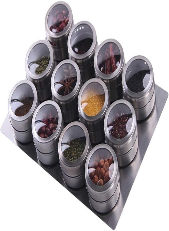 PRISO 12 PCS Magnetic Spice Rack Set for Kitchen | Stainless Steel Spice Jars with Transparent Lids | Space-Saving Kitchen Organizer for Seasoning, Masala & Condiment Storage | - Image 1