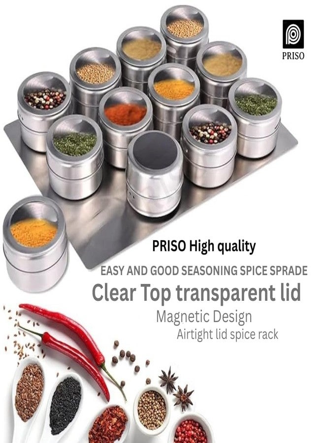 PRISO 12 PCS Magnetic Spice Rack Set for Kitchen | Stainless Steel Spice Jars with Transparent Lids | Space-Saving Kitchen Organizer for Seasoning, Masala & Condiment Storage | - Image 5