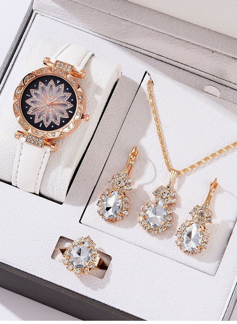 [2023 New Design]Ladies Watch Fashionable Women Quartz Diamond Wristwatch Classic Simple Watches Business Decoration Bangle Bracelet Necklace Ring Earring Girl Gift Set 