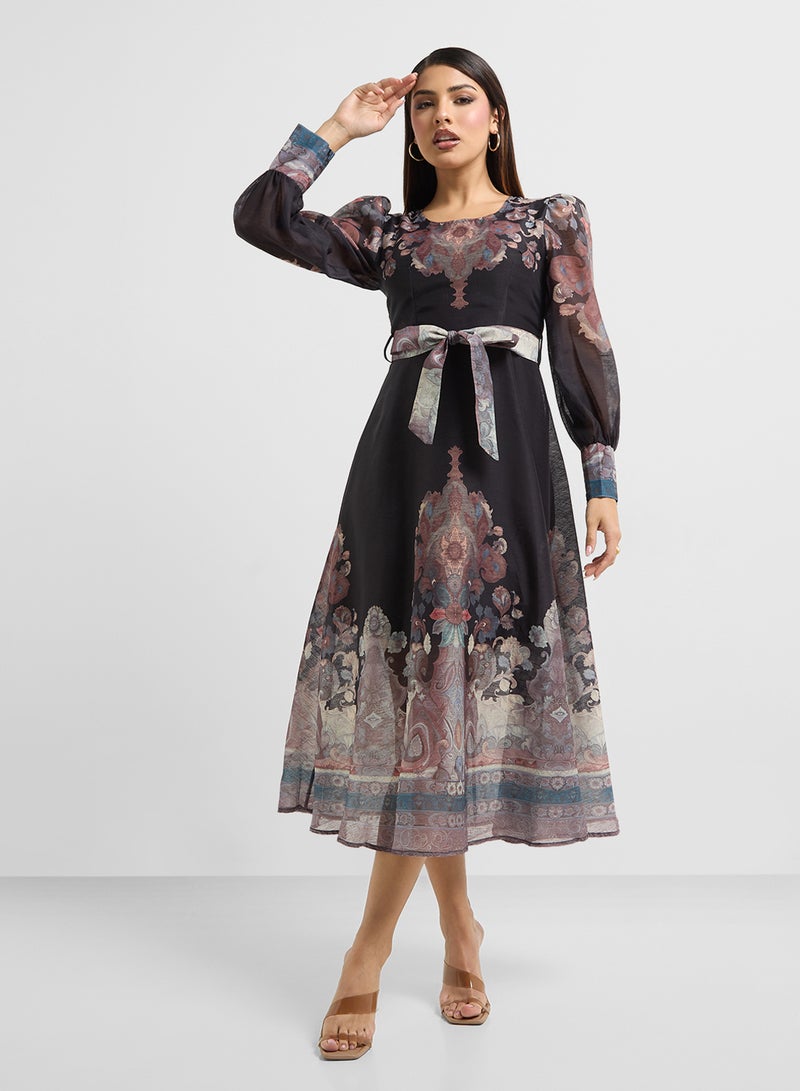 Khizana Belted Paisley Midi Dress - Image 1