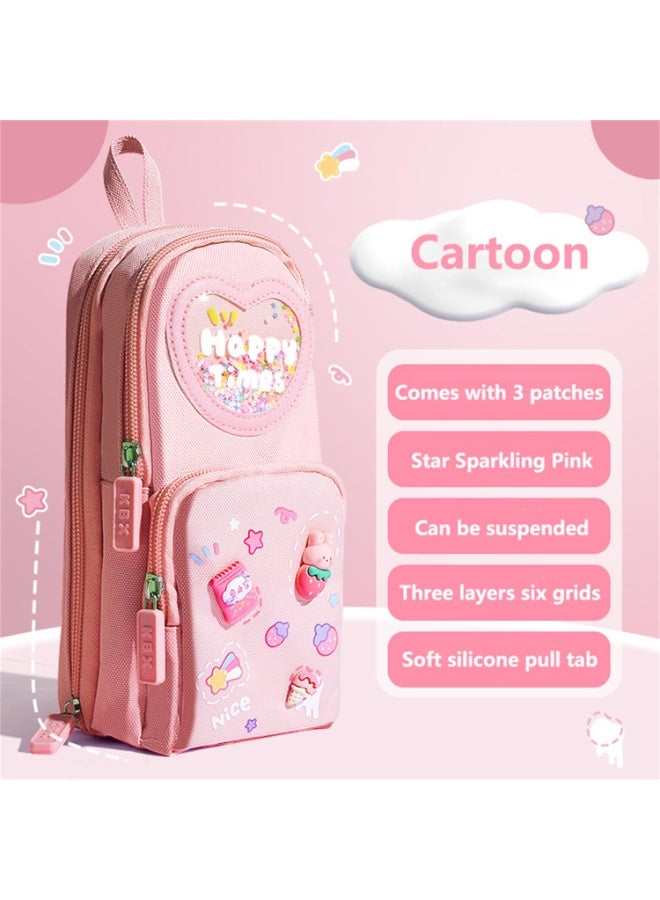 Daytoyz 3 Layer Pencil Case 6 Compartment Large Capacity Simple Stationery Box (Pink,210 * 95 * 65mm)  - Image 3