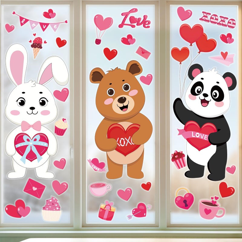 OBUSATT 3 Sheets Extra Large Valentine's Day Window Clings Decorations Valentines Day Lovely Animals Window Sticker Giant Cartoon Heart Decal Ornament for Wedding Anniversary Party Home Office Classroom Decor - Image 1