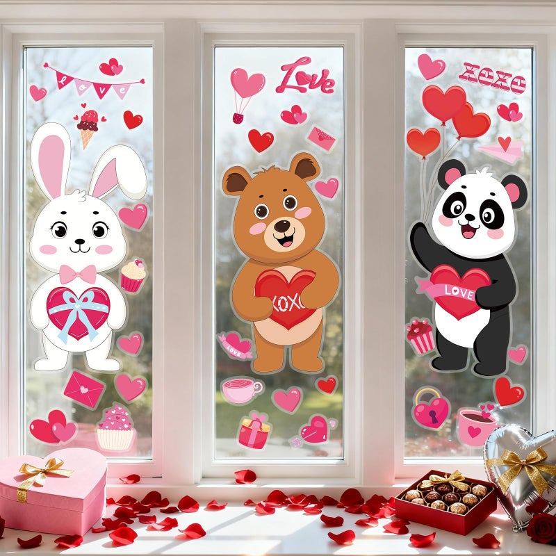 OBUSATT 3 Sheets Extra Large Valentine's Day Window Clings Decorations Valentines Day Lovely Animals Window Sticker Giant Cartoon Heart Decal Ornament for Wedding Anniversary Party Home Office Classroom Decor - Image 3
