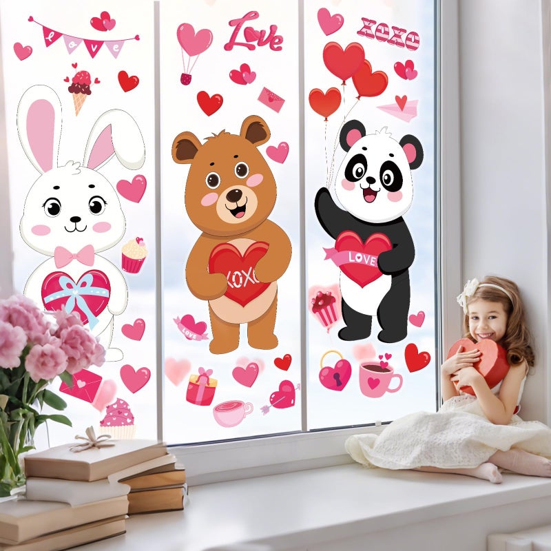 OBUSATT 3 Sheets Extra Large Valentine's Day Window Clings Decorations Valentines Day Lovely Animals Window Sticker Giant Cartoon Heart Decal Ornament for Wedding Anniversary Party Home Office Classroom Decor - Image 4