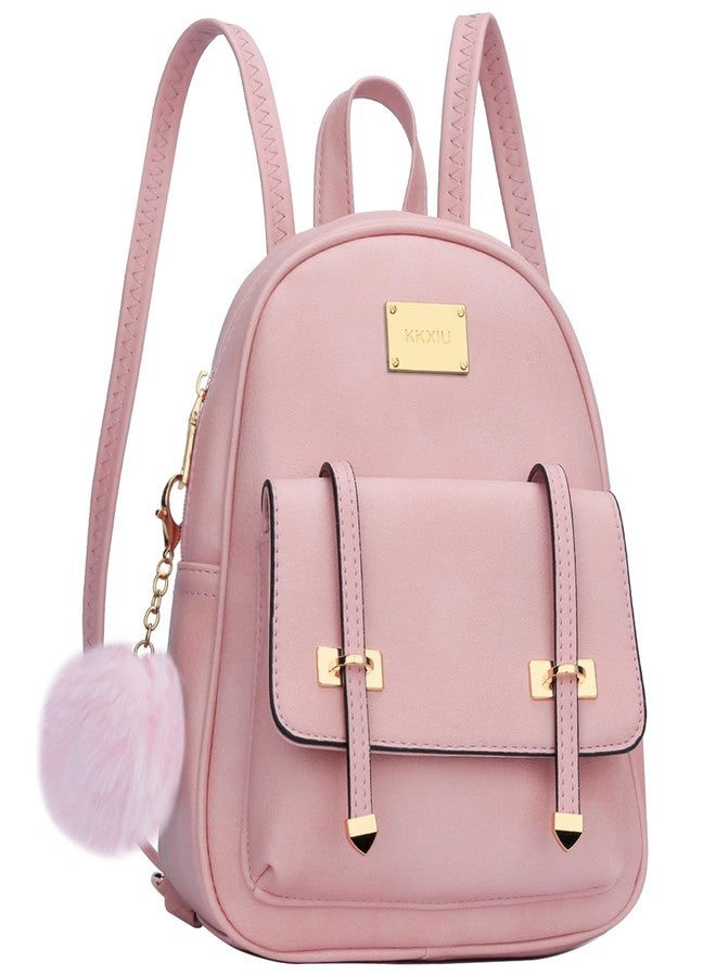 KKXIU Girls Small Backpack Purse Vegan Leather Mini Bookbag for Women Cute Teen Pompom Daypack (Small, Pink) - Image 1