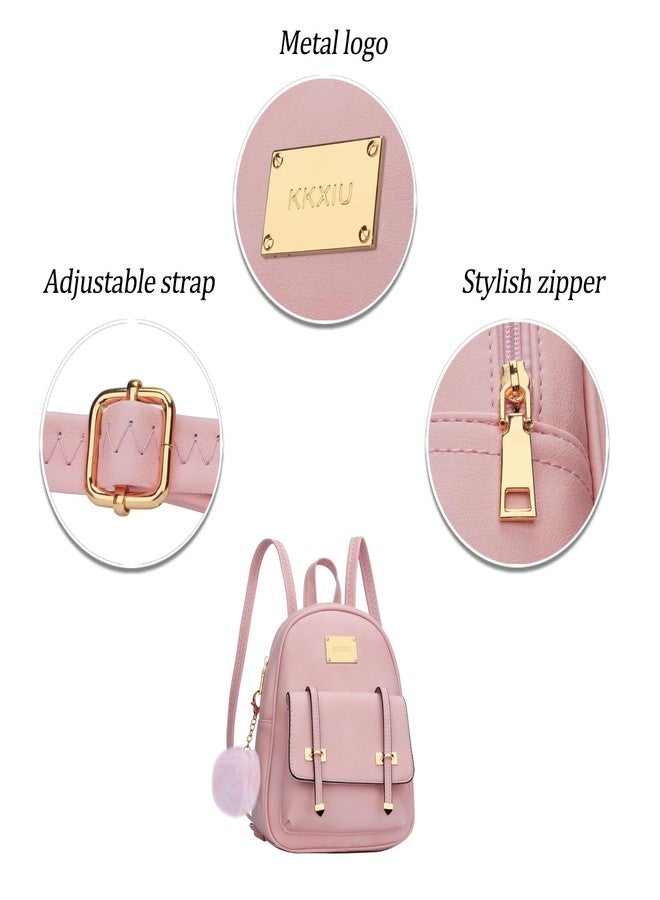 KKXIU Girls Small Backpack Purse Vegan Leather Mini Bookbag for Women Cute Teen Pompom Daypack (Small, Pink) - Image 2