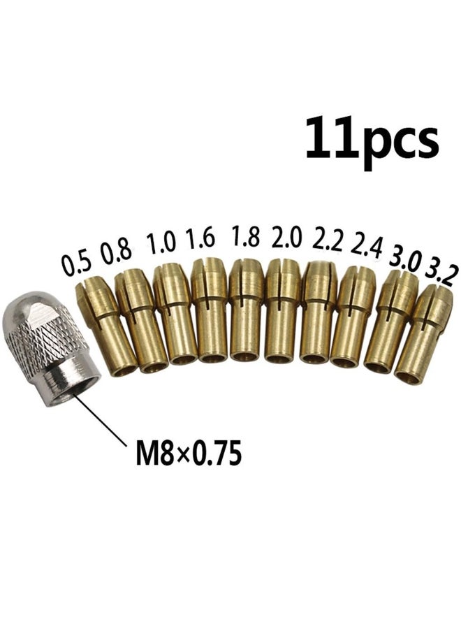 11Pcs 0.5-3.2mm Brass Drill Chucks Collet Bits 4.8mm Shank Screw Nut Replacement 