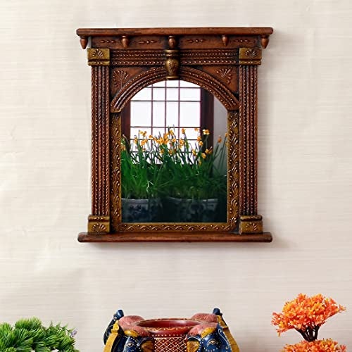 CRAFT TREE Wooden MDF Handcarved Wall Hanging Decorative Square Mirror Frame | Copper Color Showpiece for Living Room & Home Decor | Size: L16 x B3 x H17 Inches | Mirror Size: L9 x H12 Inches - Image 1