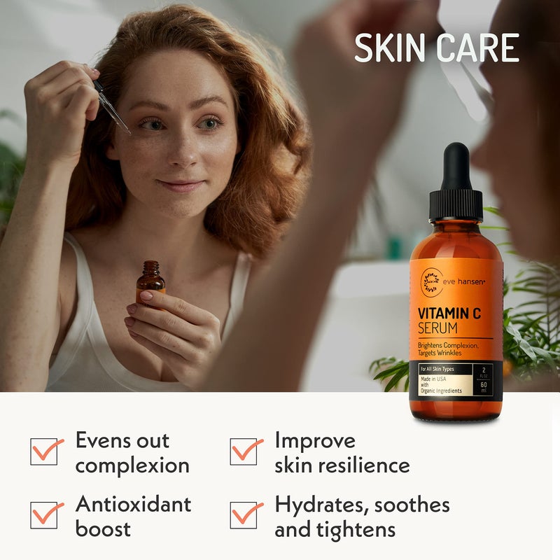 Eve Hansen Vitamin C Facial Serum - 76% Organic Antioxidant Serum for Face with Hyaluronic Acid, Vitamin E, and Aloe Vera - Hydrating and Rejuvenating Skin Care 2 Oz - Image 3
