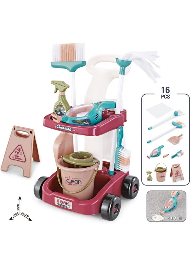 Children's Simulated Cleaning Tools Set Push Cart Household Vacuum Cleaner Broom Mop Cloth Suit Healthy Play Toys-Color:66754-16 Piece Set 1.3kg - Image 1