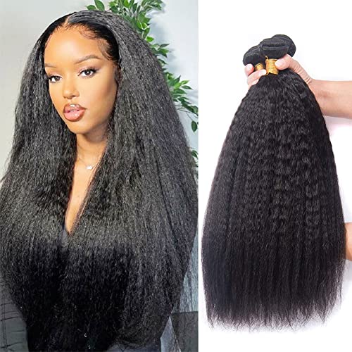 DAIMER Yaki Straight Hair Bundles Kinky Straight Human Hair 3 Bundles Natural Black 12 14 16 Inch Brazilian Virgin Human Hair Weave 3 Pcs 100% Unprocessed Remy Sew In Hair Extensions - Image 1