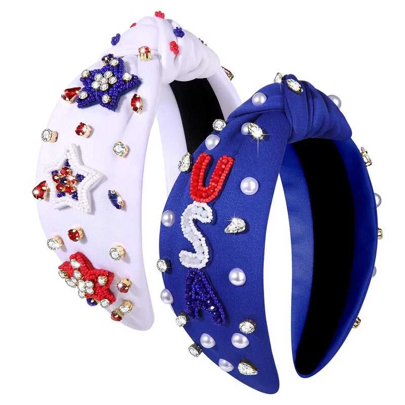 PHALIN American Headband for Women 4th of July Headband Embellished Crystal Rhinestone Knotted Headband USA Star Headband Independence Day Hair Accessories Party Gifts 2PCS B