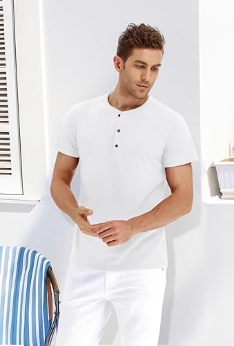 PEGENO Men's Casual Slim Fit Short Sleeve Henley T-Shirts Cotton Shirts (US Large, 01 White) - Image 4