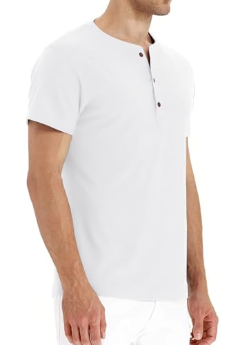 PEGENO Men's Casual Slim Fit Short Sleeve Henley T-Shirts Cotton Shirts (US Large, 01 White) - Image 2