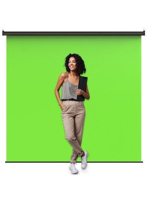 Green Screen 84 x 84 inch - Extra Large Pull Down Projector Green Screen Backdrop - Durable Height-Adjustable - Multiple Hanging Options - Portable Collapsible Roll Down Projector Screen