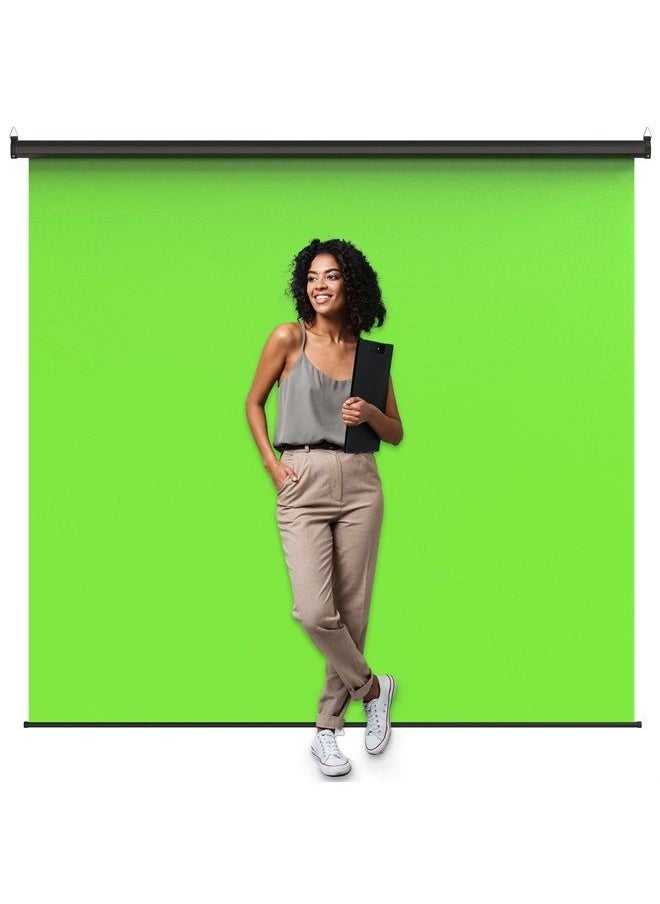 Green Screen 84 x 84 inch - Extra Large Pull Down Projector Green Screen Backdrop - Durable Height-Adjustable - Multiple Hanging Options - Portable Collapsible Roll Down Projector Screen