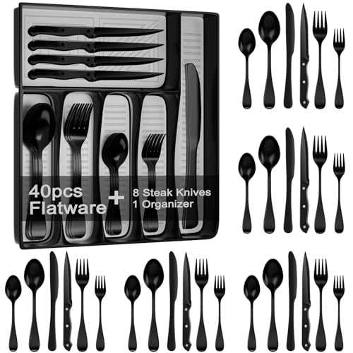 JUNLIN 49-Piece Black Silverware Set with Organizer, Stainless Steel Flatware Set for 8 with Drawer Tray, Cutlery Steak Knives Fork Spoon for Home Restaurant, Mirror Finish, Dishwasher Safe - Image 1