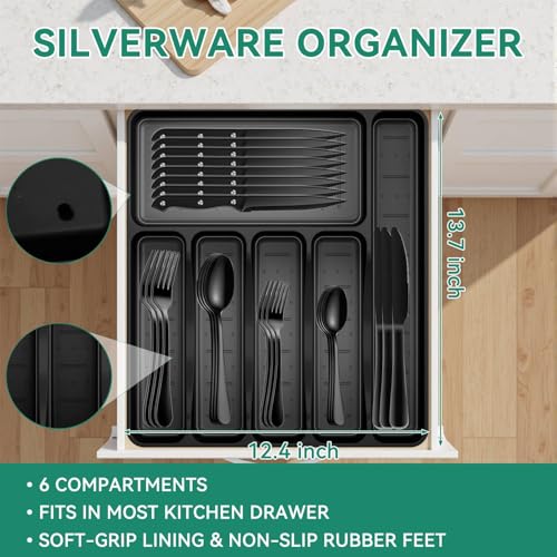 JUNLIN 49-Piece Black Silverware Set with Organizer, Stainless Steel Flatware Set for 8 with Drawer Tray, Cutlery Steak Knives Fork Spoon for Home Restaurant, Mirror Finish, Dishwasher Safe - Image 3
