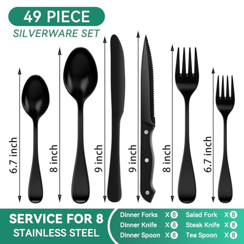 JUNLIN 49-Piece Black Silverware Set with Organizer, Stainless Steel Flatware Set for 8 with Drawer Tray, Cutlery Steak Knives Fork Spoon for Home Restaurant, Mirror Finish, Dishwasher Safe - Image 2