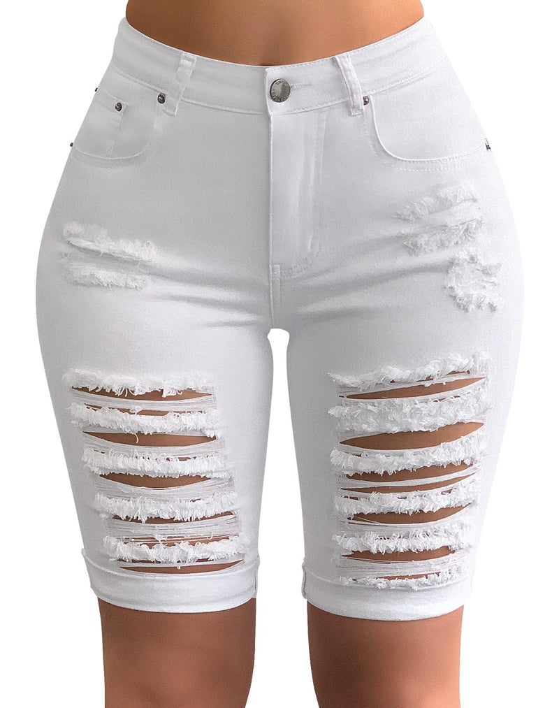 roswear Women's Distressed Knee Length Ripped Stretchy Jean Shorts White Large - Image 1