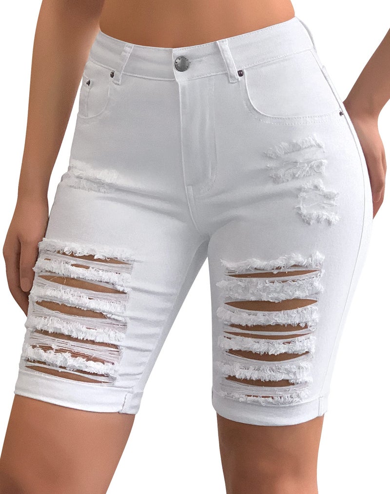 roswear Women's Distressed Knee Length Ripped Stretchy Jean Shorts White Large - Image 3
