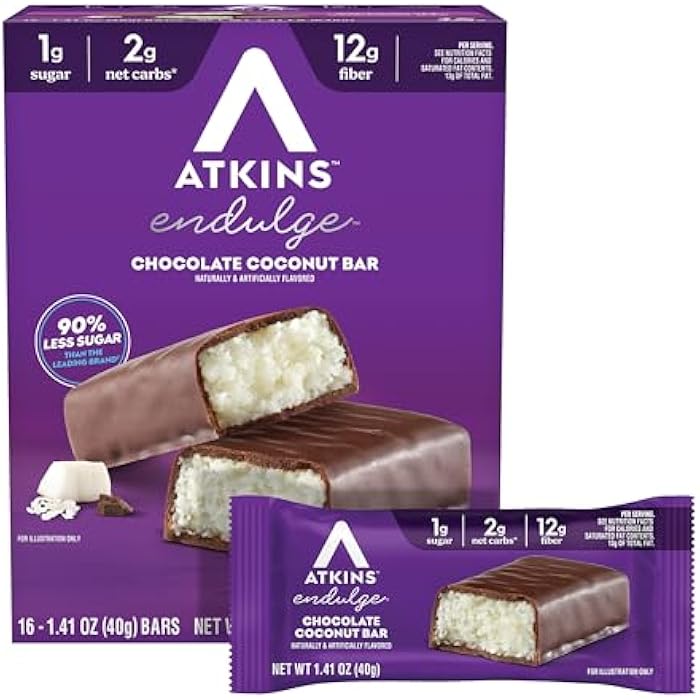 Atkins بار أتكينز إندولج بنكهة الشوكولاتة وجوز الهند، حلوى منخفضة السكر، غنية بالألياف، 16 قطعة - Image 1