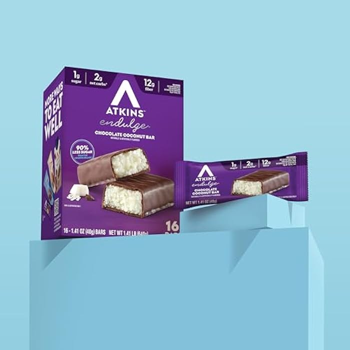 Atkins بار أتكينز إندولج بنكهة الشوكولاتة وجوز الهند، حلوى منخفضة السكر، غنية بالألياف، 16 قطعة - Image 5