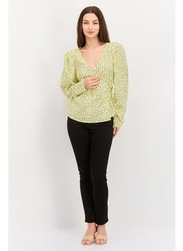 MANGO Women Surplice Neck Long Sleeve Polka Dots Wrap Top, Yellow  - Image 4