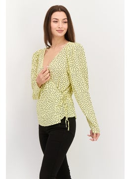 MANGO Women Surplice Neck Long Sleeve Polka Dots Wrap Top, Yellow  - Image 2