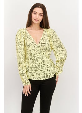 MANGO Women Surplice Neck Long Sleeve Polka Dots Wrap Top, Yellow  - Image 1