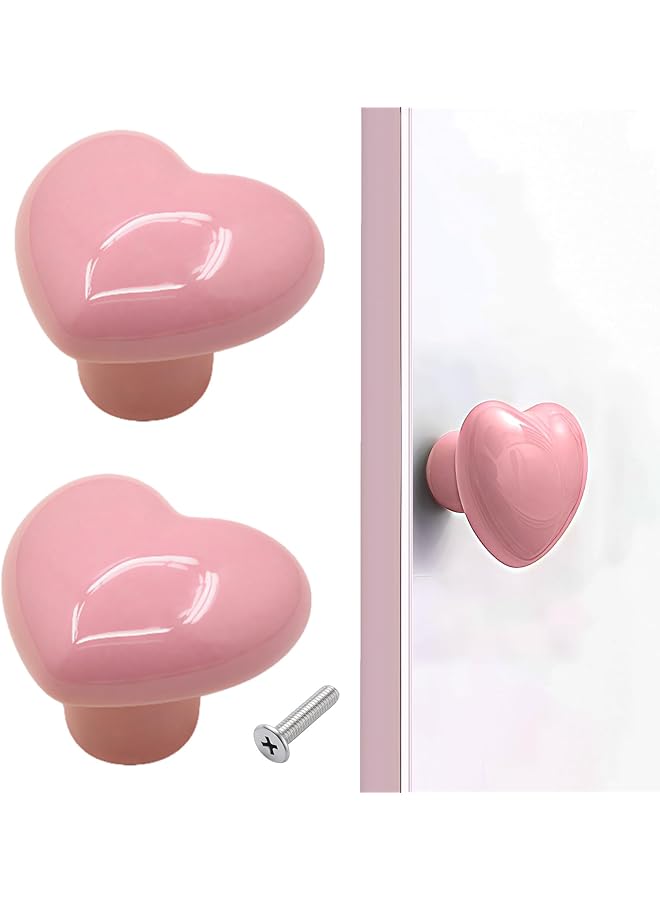 The Bros 2 PCS Ceramic Drawer Knobs, Cupboard Knobs, Dresser Knobs, Furniture Knobs, Hand Tightening, Heart Shape with Screws for Closet, Cupboard, Wardrobe, Home, Office (Pink) - Image 1