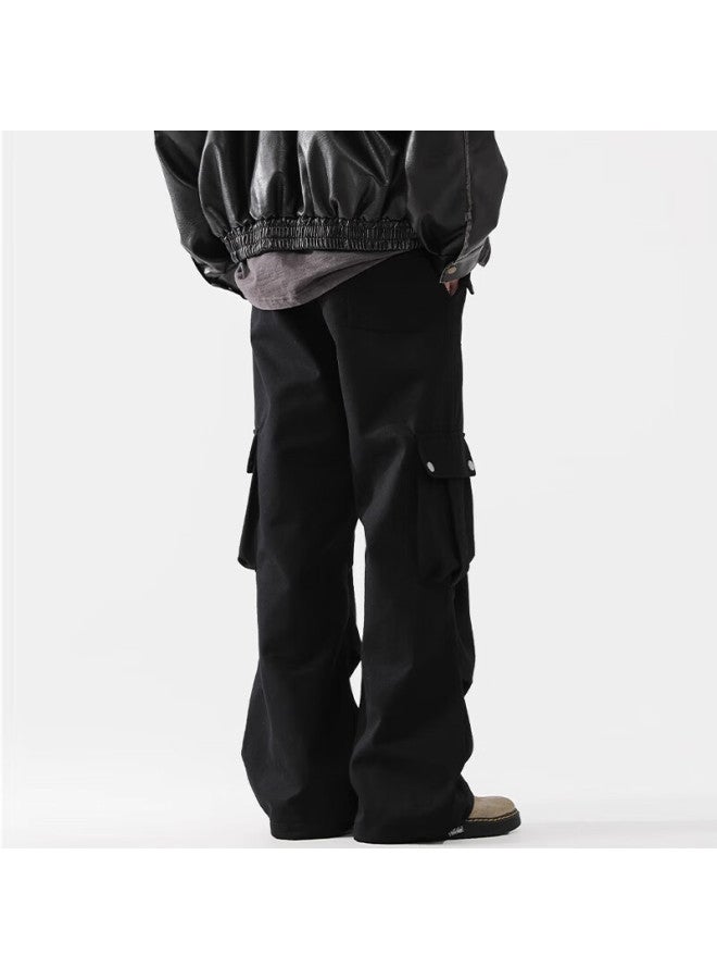 Izexx Men's Winter American High Street Paratrooper Workwear Pants Loose Straight Pants Iz06 Black L - Image 2