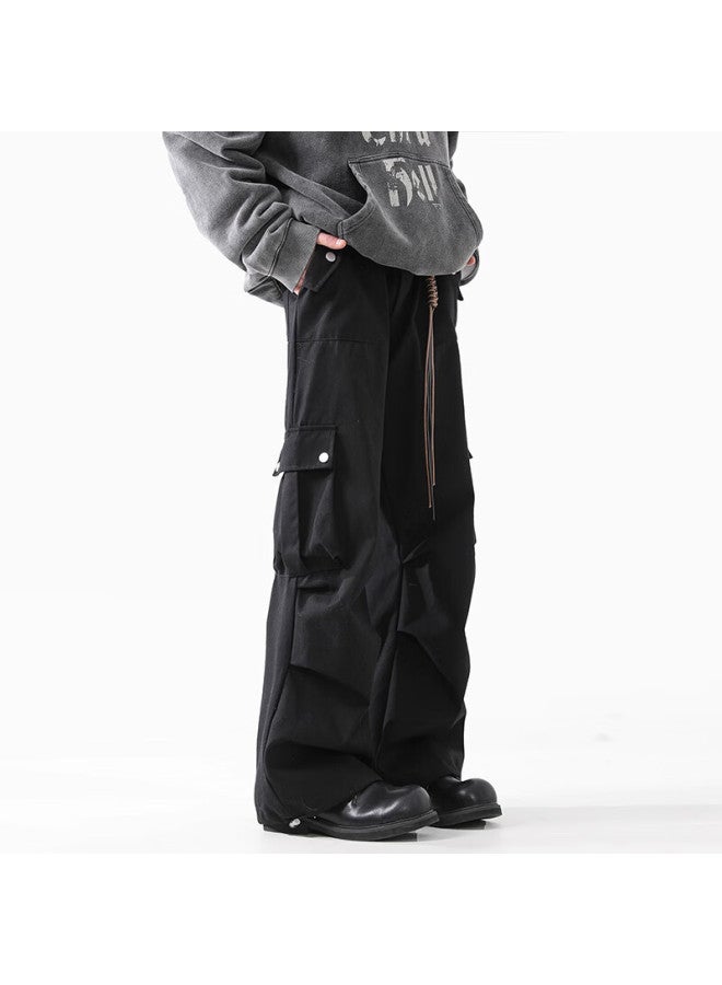 Izexx Men's Winter American High Street Paratrooper Workwear Pants Loose Straight Pants Iz06 Black L - Image 4