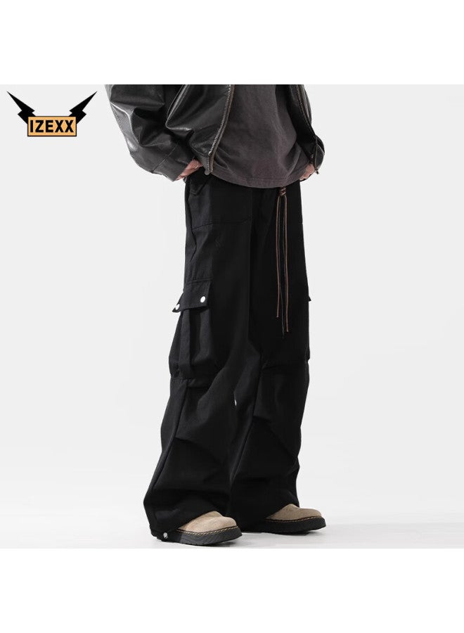Izexx Men's Winter American High Street Paratrooper Workwear Pants Loose Straight Pants Iz06 Black L - Image 1