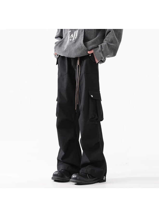 Izexx Men's Winter American High Street Paratrooper Workwear Pants Loose Straight Pants Iz06 Black L - Image 3